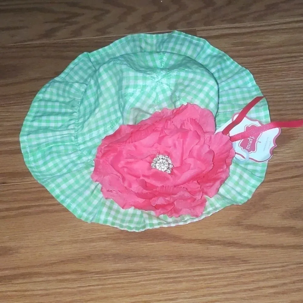 Mudpie pink green gingham flower sun hat Sz 0-12 m NWT